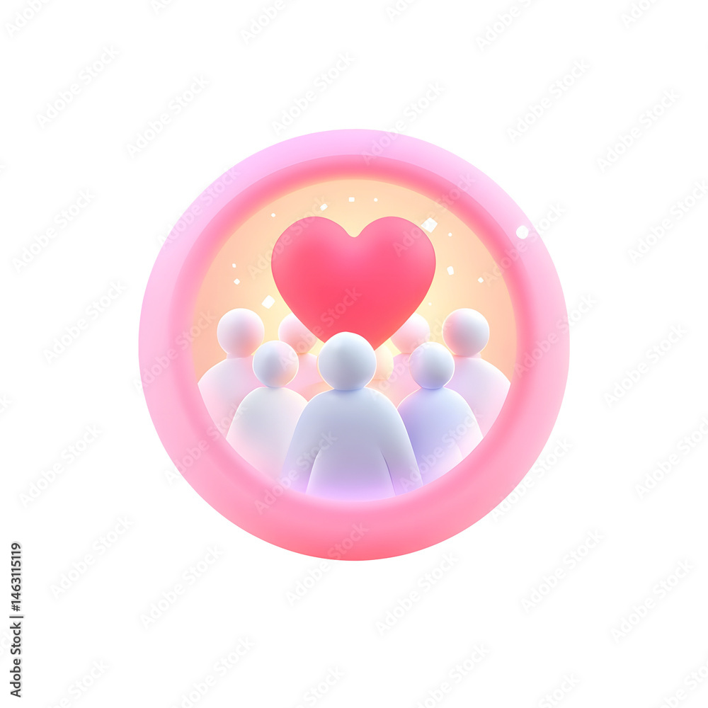 Aufkleber Minimalist 3D of a pink circular bubble with a glowing heart symbol encompassing a group of figures signifying the concepts of overall wellbeing within a