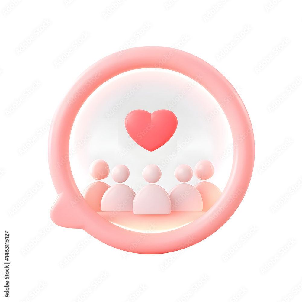 Aufkleber minimalist 3d image of a pink circular bubble with a glowing heart icon surrounded by a group of ind
