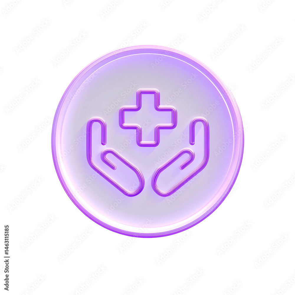Poster a simple elegant 3d icon depicting a purple circular bubble with a white healthcare cross surrounded