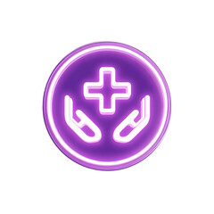 Obraz premium A minimalist neon style icon depicting a purple circular bubble with a healthcare cross symbol embraced by cupped hands in a gesture of care and support
