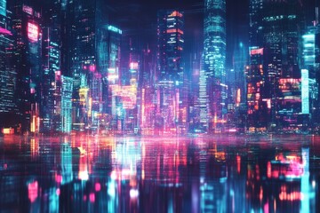 Obraz premium A vibrant. futuristic cityscape at night. showcasing colorful neon lights reflecting on wet streets. with towering skyscrapers and a bustling atmosphere in the background