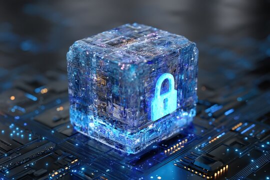 Futuristic digital padlock on circuit board.