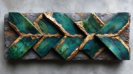 Stylish repeating chevron pattern in gradient tones of emerald green and gold, enhanced with a metallic sheen