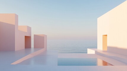 Fototapeta premium Minimalist architectural scene by the ocean. Soft peach-colored structures, a tranquil pool, and a vast expanse of water. Sunrise or sunset hues