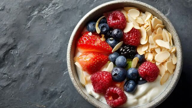 Yogurt parfait with fresh berries, sliced strawberries, blueberries, raspberries, blackberries, kiwi, and almond slices. Overhead close up shot on a dark background.