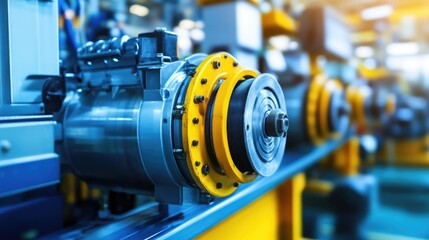 Fototapeta premium Close-up view of industrial motors on a production line in a modern factory setting. showcasing advanced engineering and manufacturing processes. with machinery in the background
