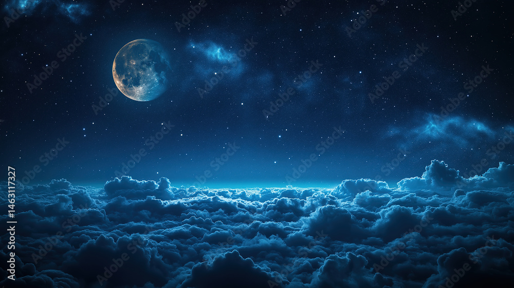Wall mural night sky filled with stars and moon surrounded by clouds creating a peaceful celestial view