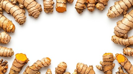 Turmeric root frame on white background