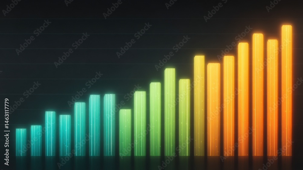 Poster glowing graph showing upward trend with rising bars and vibrant colors on dark background