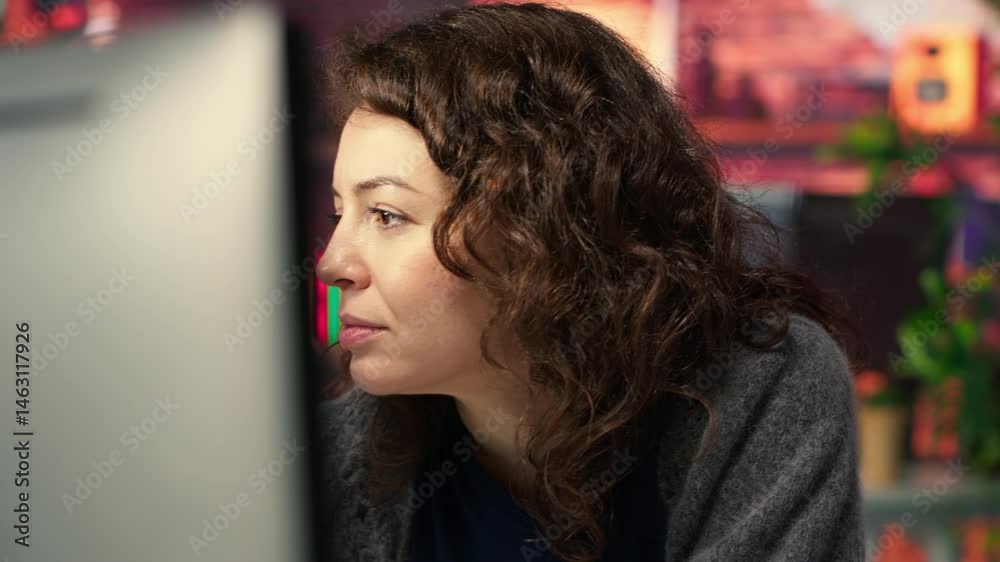 Fototapete IT specialist at workstation programming on monitor and writing lines of code, using development tools and a terminal window interface. Woman debugging software before deadline. Camera B.