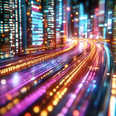 Fototapeta premium Futuristic city highway at night, vibrant lights streaking in motion. High-speed urban travel concept