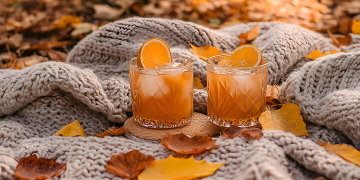 Autumn Cocktails, Orange Slice Drink, Cozy Knit Blanket, Fall Leaves Images, Refreshing Drinks Image, Seasonal Beverages Image