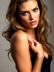 Naklejka premium The glamorous model poses defiantly exposing her bare shoulder and pointedly does not look into the camera.