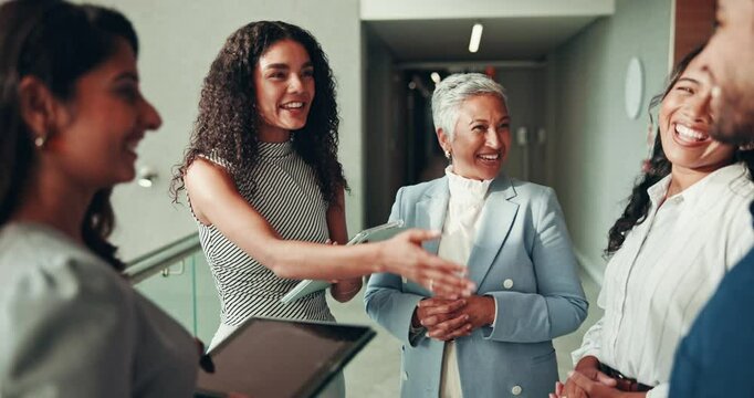 Happy people, group or handshake in merger agreement for greeting, meeting or partnership. Collaboration, hiring and applicant with manager for B2B support, introduction and recruitment deal in lobby