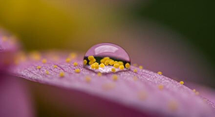 Dewdrop Capturing Pollen Grains On Pink Flower Petal Close Up Shot