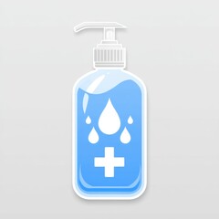 Fototapeta premium Hand sanitizer bottle illustration with drops and cross symbol on a light background