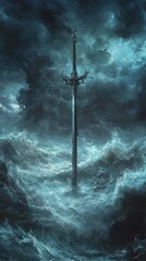 Naklejka premium Dark Spear in Turbulent Ocean Waves under Stormy