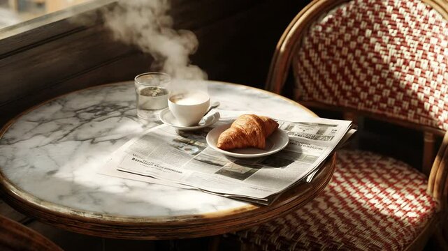 Warm morning light illuminates a marble table setting with a steaming coffee cup, a croissant on a plate, and a newspaper. The scene is set in a cozy cafe with a red and white checkered chair visible.