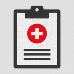 Healthcare medical clipboard icon with red cross symbol on a white background