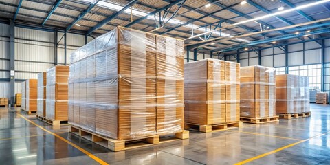 Pallets wrapped with stretch film in a warehouse