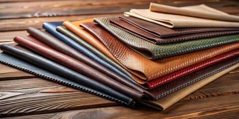 Obraz premium High-quality leather fabric samples arrayed on a wooden table for crafting, with various textures and colors on display , colorswatch, craftingtable