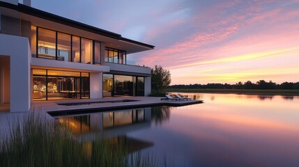 Fototapeta premium Modern waterfront home with sunset reflections offering luxurious lakeside living
