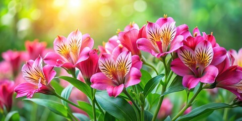 Fototapeta premium Vibrant pink Alstroemeria flowers bloom in clusters on a lush green background, creating a stunning visual contrast, floral arrangement, plant details