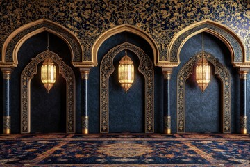Obraz premium Elegant interior of a luxurious room featuring ornate lanterns hanging from intricately designed arches against a richly patterned wall. creating a warm and inviting atmosphere
