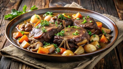 Steaming plate of Coq au Vin , beef, braised