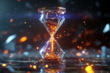 Illuminated hourglass with glowing sand particles.
