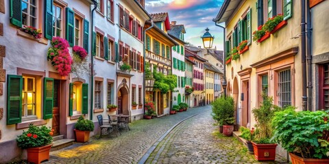 Fototapeta premium Cozy street in historic Basel with colorful buildings and old stone streets lined with lanterns and flowers, colorful buildings, charming streets