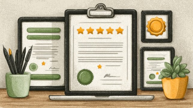 Illustration of a laptop with certificates, awards, and office supplies on a desk