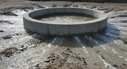 Reinforced Concrete Well Ring with Water Overflowing on Muddy Terrain