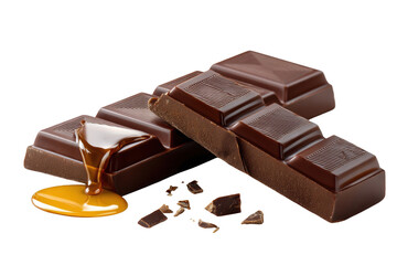 Fototapeta premium Delicious dark chocolate bar with caramel drizzle and pieces food rich on transparent background