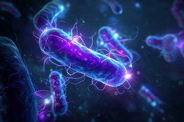 Obraz premium Close-up of glowing bacteria in a dark setting.