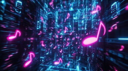 Obraz premium Abstract digital music visualization with vibrant notes in motion