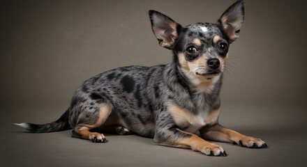 Small Dog Lying Down Looking Up in Studio Portrait
