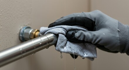 Close-up of a gloved hand using a grey cloth to wipe water droplets from a leaking metal pipe connected to a beige wall, showing plumbing issues.