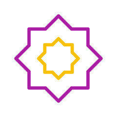 Geometric abstraction with overlapping nonagons in vibrant violet and golden hues