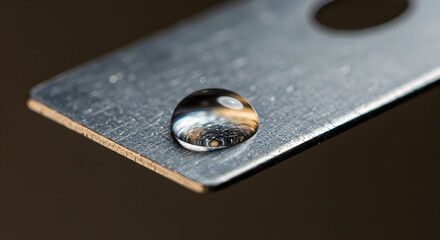 Water Droplet On a Metal Surface Reflecting the Background