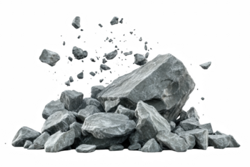 Crumbling grey rocks falling isolated dramatic scene 3d pile ruin hard on transparent background
