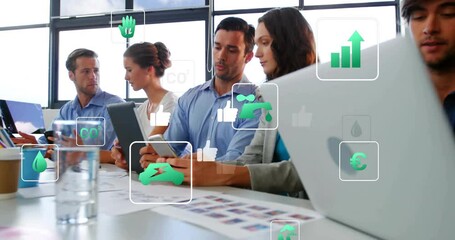 Business team collaborating around table during meeting, showing animated CO2, water droplet icons - Powered by Adobe