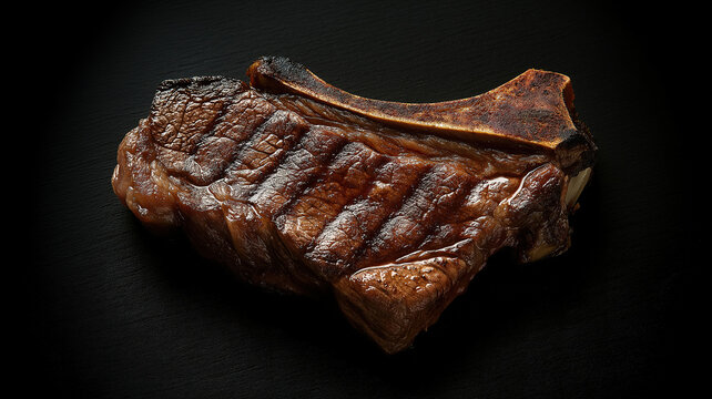 T bone steak top view on black surface with empty space ideal for culinary visual content