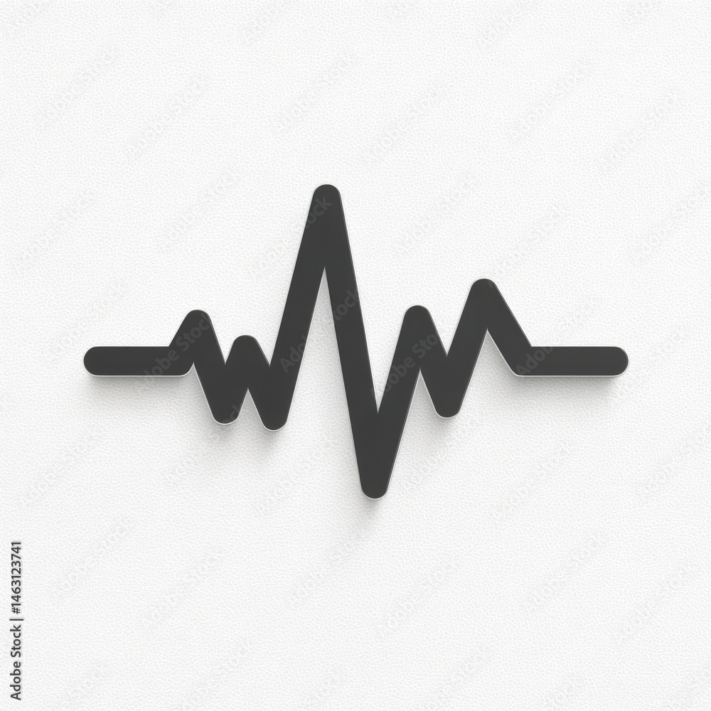 Poster minimalist black heartbeat line icon on a textured white background with shadows.