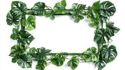 Green tropical leaves frame on white background