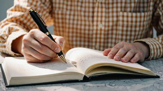 Writing in journal with pen close up for study notes or creative writing and journaling concept 4k video