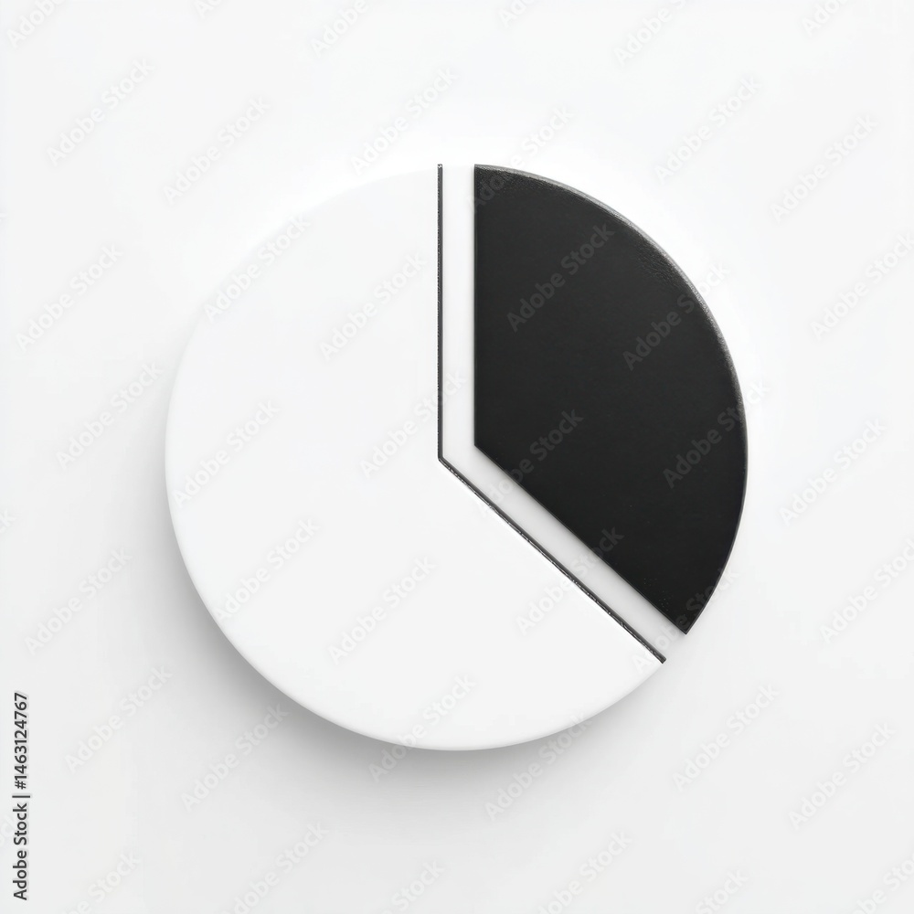 Poster minimalist pie chart graphic with black and white segments on a white background