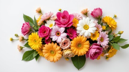 Colorful Floral Arrangement of Roses, Daisies, and Gerbera Daisies on White Background