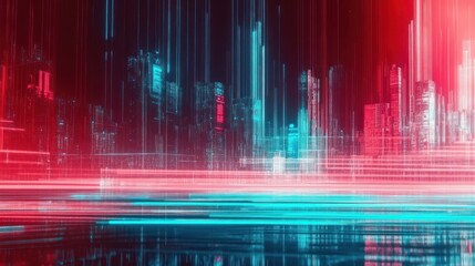 A futuristic cityscape with neon lights and abstract design elements