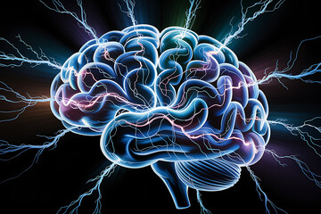 Futuristic Brain with Electric Flow of Energy, Digital Art Representing Brain Power and Electricity Surge


